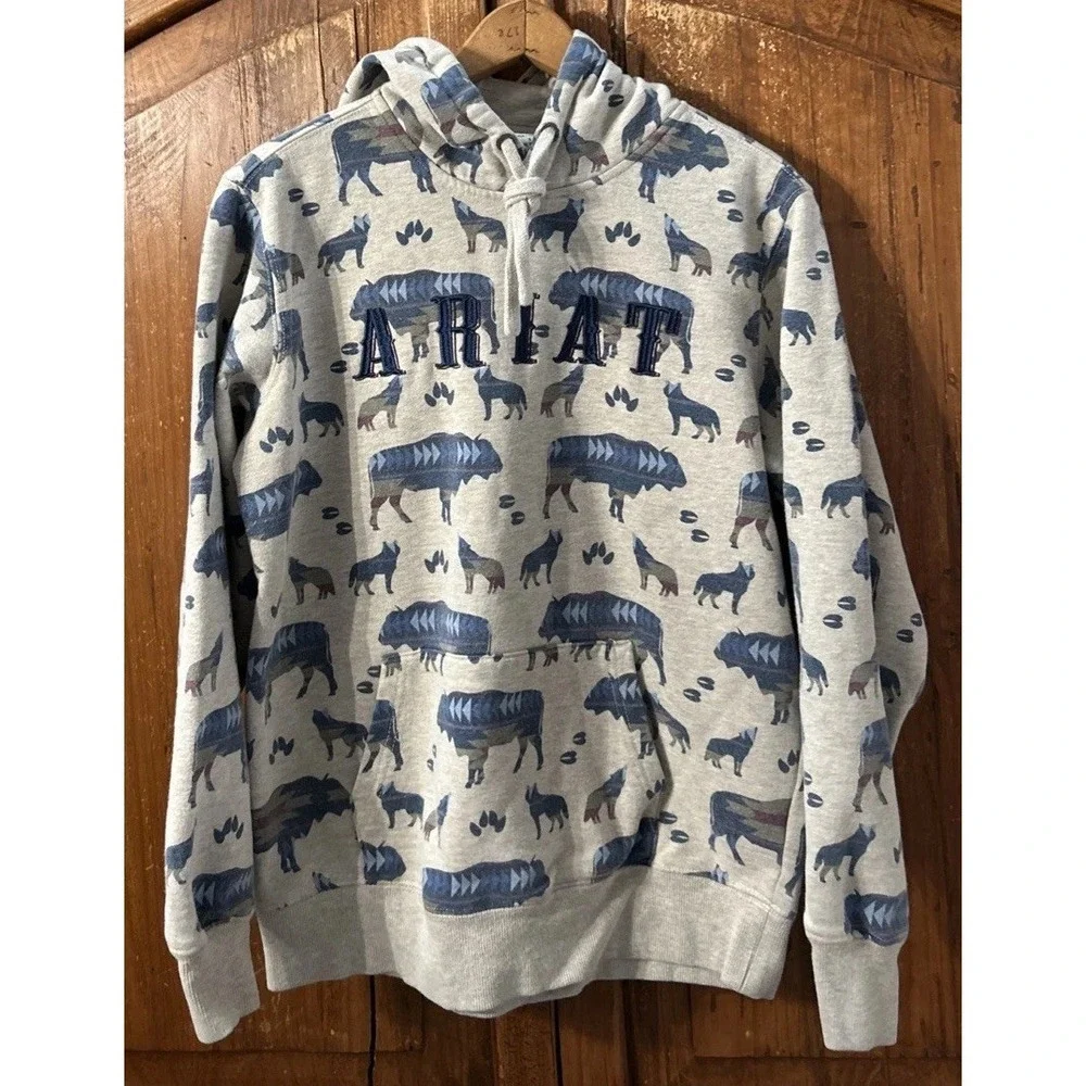 Ariat REAL AOP Sweatshirt Hoodie Womens All Over Print Wild Buffalo Wolf Small‎